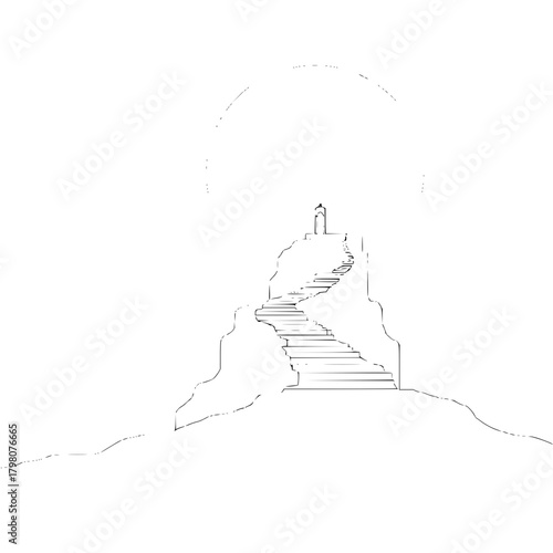 A drawing of a staircase leading to a structure on a hill under a large archway in black and white