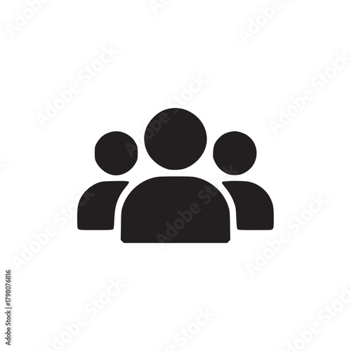 A simple black and white icon depicting a group of three people on a plain white background space