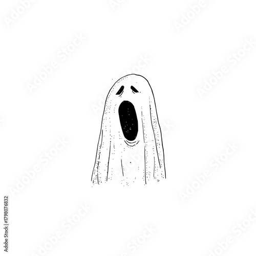 Illustration of a spooky ghost with a gaping mouth and sad eyes in black and white style art design