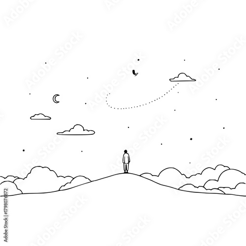 A lone figure stands atop a hill under a starry sky with clouds and a crescent moon in a minimalist style