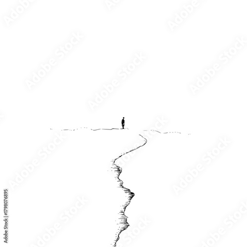 A lone figure standing on a stark white landscape with a jagged line leading to the horizon point view