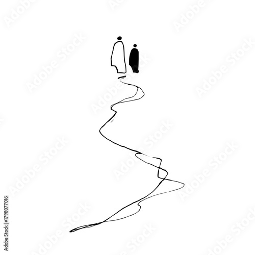 Two figures standing above a winding line in black and white minimalist abstract illustration style art
