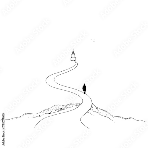 A lone figure ascends a winding path towards a distant tower under a vast white sky with birds above