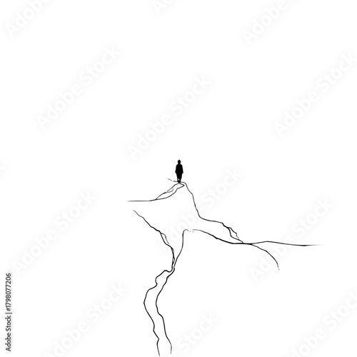 A lone figure stands atop a cracked precipice against a stark white backdrop in minimalist style art