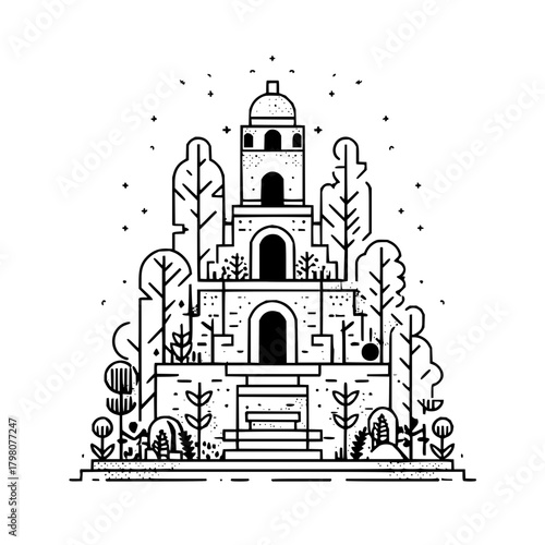 Illustration of a stylized tower with arches surrounded by trees and vegetation in black and white