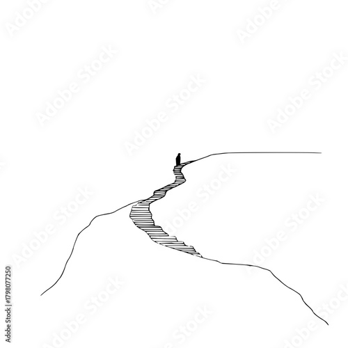 A minimalist drawing of a figure standing at the end of a winding path on a hilltop against white space