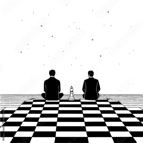 Two figures sit on a chessboard under a starry sky with a chess piece between them in black and white art
