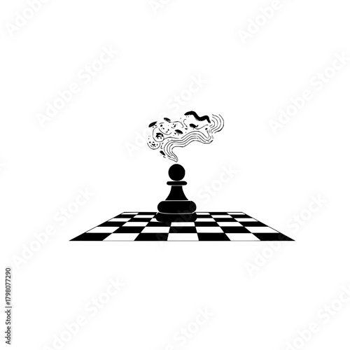 A chess pawn on a chessboard with an abstract thought bubble above it in black and white illustration