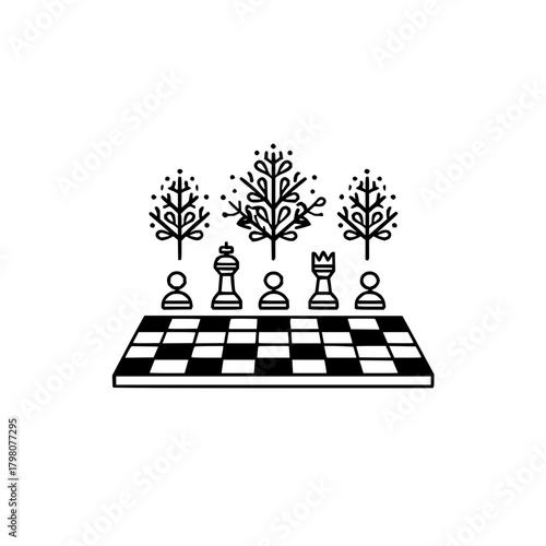 A chess board with chess pieces and tree illustrations behind it in a simple black and white line art