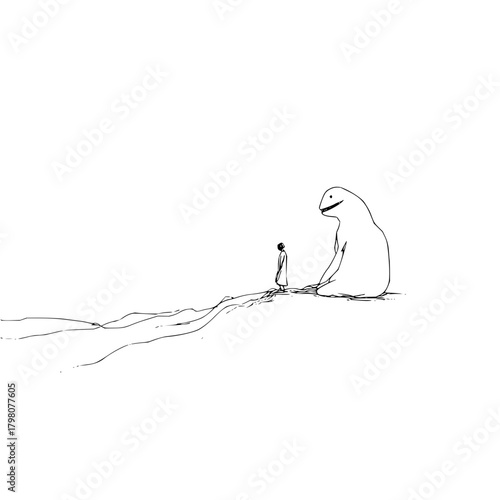 A small figure stands before a large seated creature in a minimalist black and white illustration style
