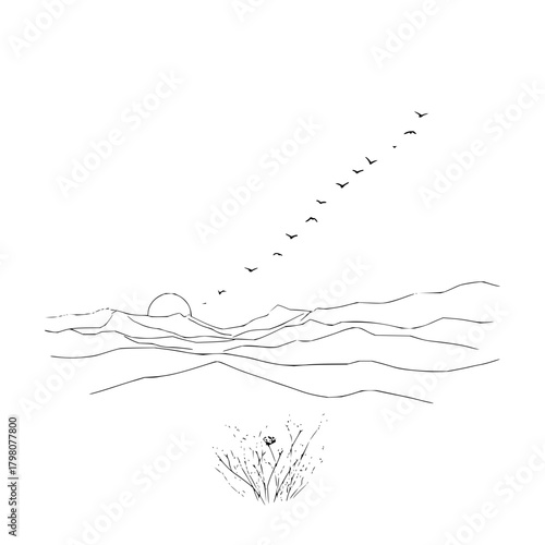 Line art depicting a sunset over mountains, a flock of birds, and a small bush in the foreground