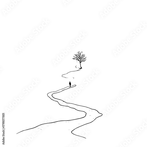 A lone figure walks a winding path towards a solitary tree in a minimalist black and white landscape art