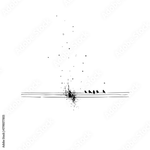 Birds perched on a wire near a dark splatter with scattered dots in a minimalist monochrome design