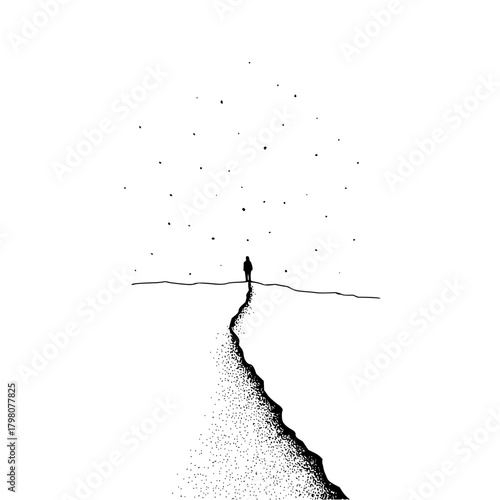 Silhouette of a person standing on a cliff edge under a star filled sky in black and white minimalist style