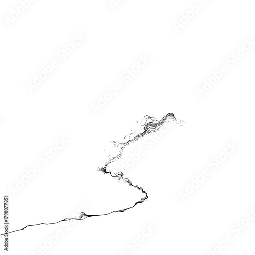 A minimalistic illustration of a winding river or stream against a stark white background design element