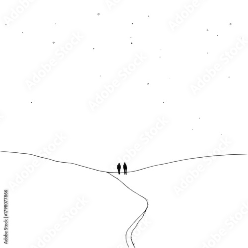 Silhouette of two figures on a snowy hill under a starry sky in a minimalist black and white landscape