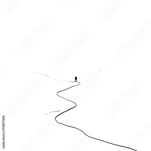 A lone figure walking on a winding path in a minimalist black and white landscape under a bright sky view