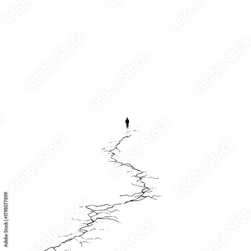 A lone figure walks a cracked path on a white background creating a stark and minimalist composition