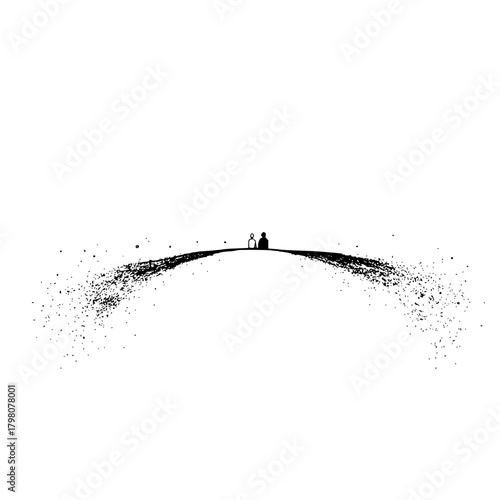 Two figures silhouetted on a horizon line with a trail of splatters in a minimalist black and white style