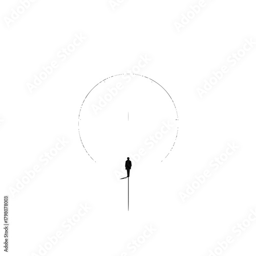 Silhouette of a person standing on a line with a large circle behind them in a minimalist design style