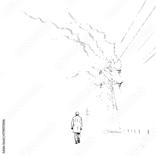 A lone figure walks toward a towering structure with radiating lines in a stark black and white scene