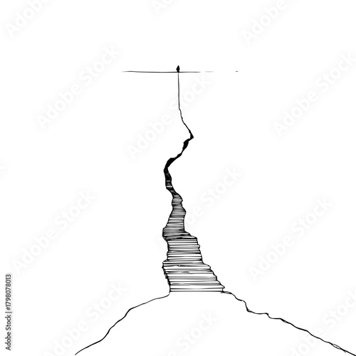 A minimalist drawing of a figure standing on a cliff edge above a deep ravine with stairs leading down