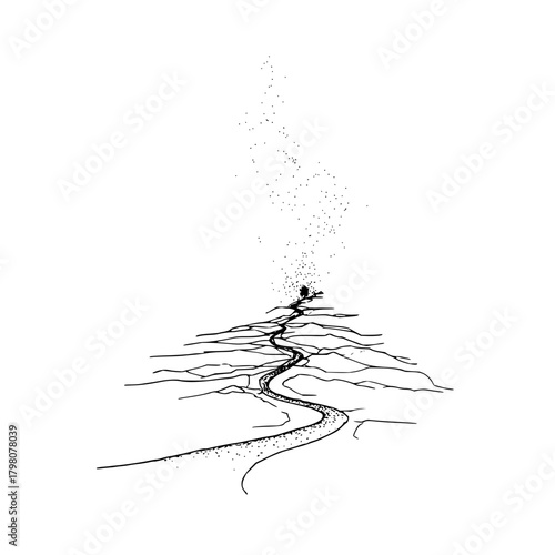Illustration of a cracked earth landscape with a small figure and rising particles in black and white drawing