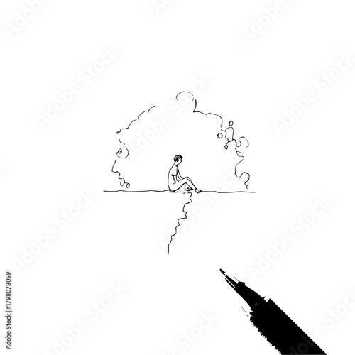 Person sitting on edge of cliff with cloud background drawn with pen on white paper illustration