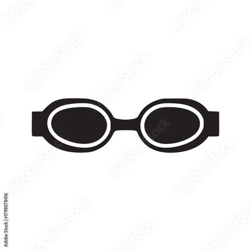 A simple black and white graphic illustration of swimming goggles on a plain white background space
