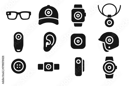 Earbud clip helmet button lens icons wearable smart camera micro icon vector