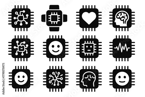 Response state wearable biofeedback detector emotion chip icons icon module vector