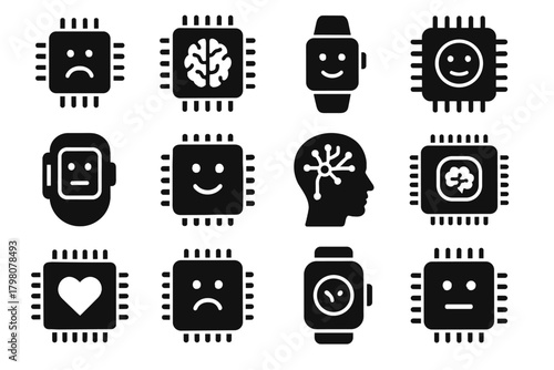 Emotion biofeedback icons microchip chip brainwave cognitive interactive neural vector icon