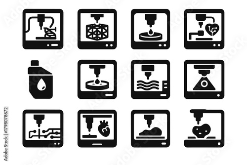 Fabrication regenerative experimental printer set medicine icons smart chip automated icon vector