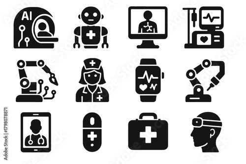 Surgical icons sensor device ai medical icon emergency health nurse companion vector