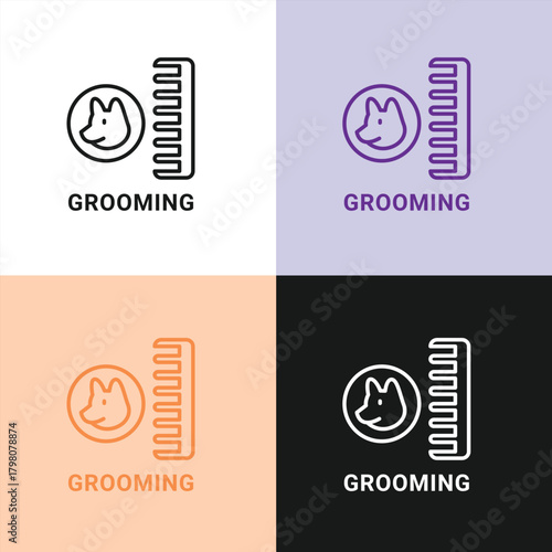 Pet Grooming and Animal Care Line Art Icon with Dog Head and Comb for Veterinary Services.