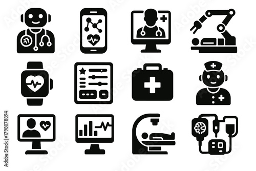 Wearable icons analytics diagnostic smart icon medical robotic ai virtual vector monitoring
