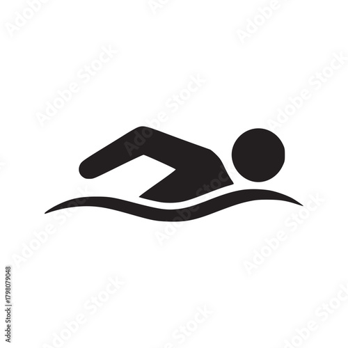 A simple black silhouette of a person swimming freestyle in water on a white background image view