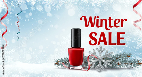 Red Nail Polish with Snowflakes and Ribbons, Winter Sale Promotion and Holiday Beauty Marketing