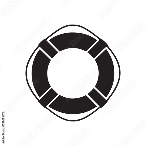 A black and white graphic of a life preserver with straps on a plain white background in simple style
