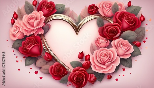 heart shaped frame with red and pink roses