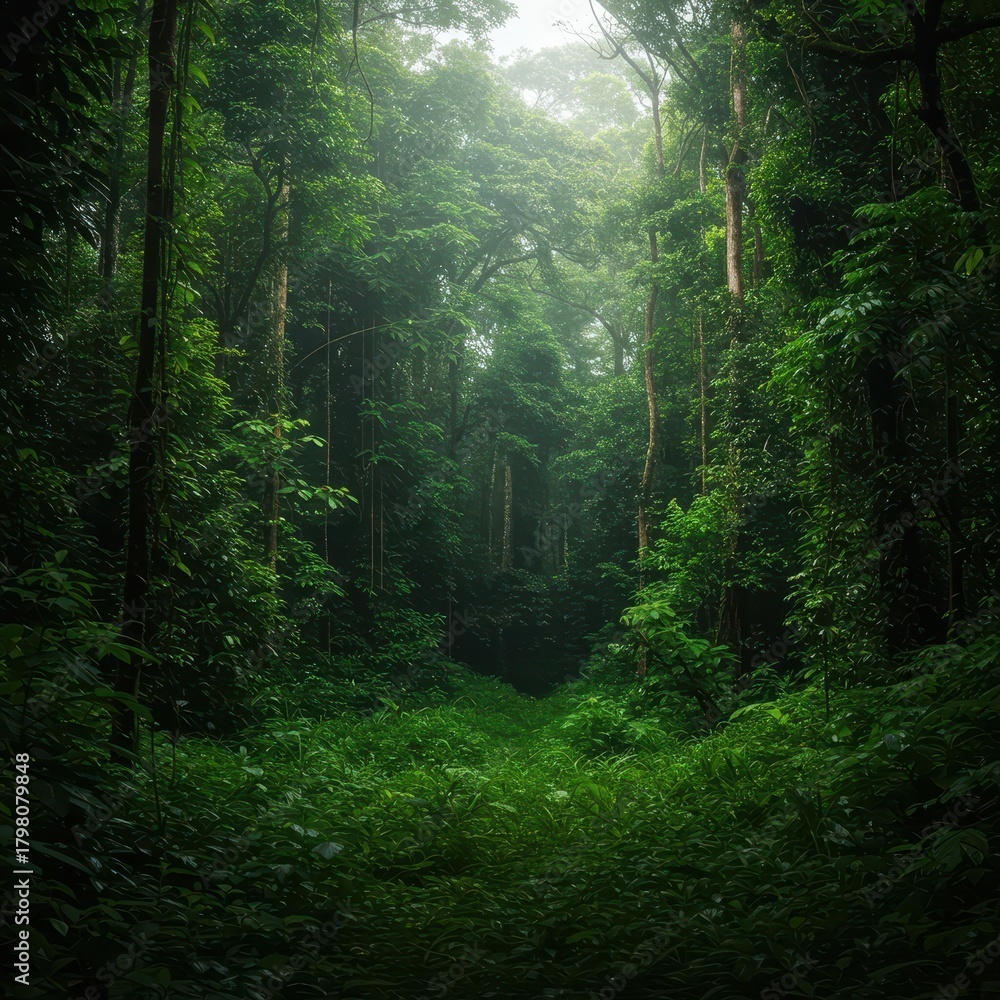 Fototapeta premium A breathtaking view of a dense, vibrant jungle canopy illuminated by soft shafts of light filtering through the overwhelming tropical foliage, lush, rainforest, environment