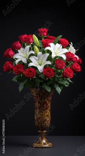 Wallpaper Mural A vibrant floral arrangement featuring lush red roses contrasted with elegant white lilies in a decorative vase ,beauty, beautiful, vase Torontodigital.ca