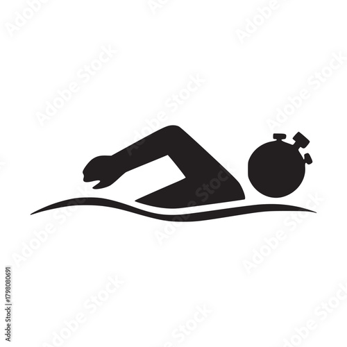 A black silhouette of a swimmer with a stopwatch on their head swimming in a white background scene