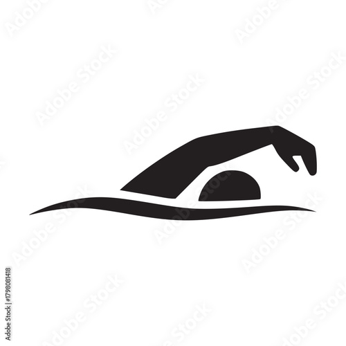 A black silhouette of a swimmer's arm and head in the water against a white background illustration