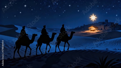 Epiphany: Three Wise Men riding with gifts toward baby Jesus, Bethlehem star in the distance, watercolor illustration for Christian holiday cards designs