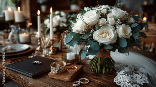 High Angle Still Life of Bridal Bouquet with Delicate White Roses and Greenery on Rustic Wooden Table with Feminine Lace Veil and Copy Space