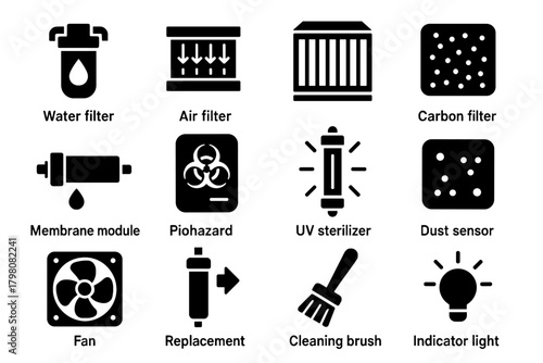 Vector brush fan purifier water membrane sensor environmental filter icons air icon
