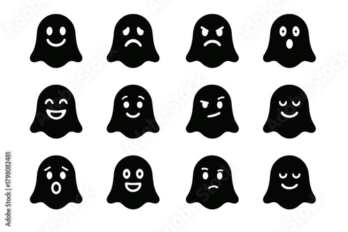 Calm happy ghost vector icon surprised emotion excited relaxed angry puzzled