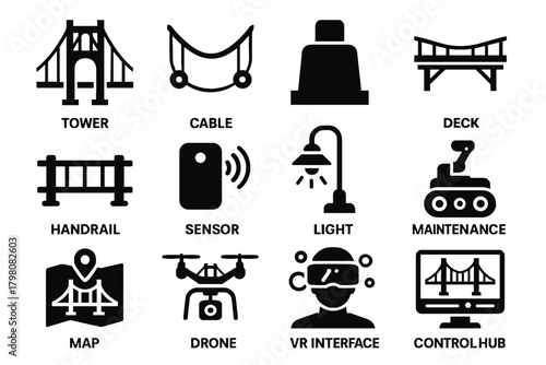 Icon bridge icons maintenance map drone handrail vector hub suspension tower control