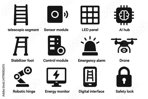 Icon module led drone vector panel foot lock hinge ladder interface tech